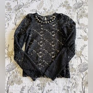 Zara Elegant Black Lace Top with Pearl Accents • S